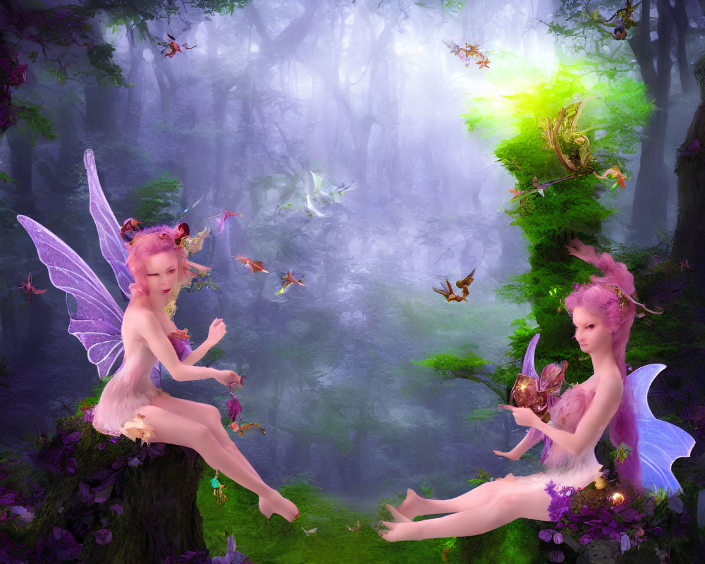 Ethereal fairies with translucent wings in misty forest with butterflies