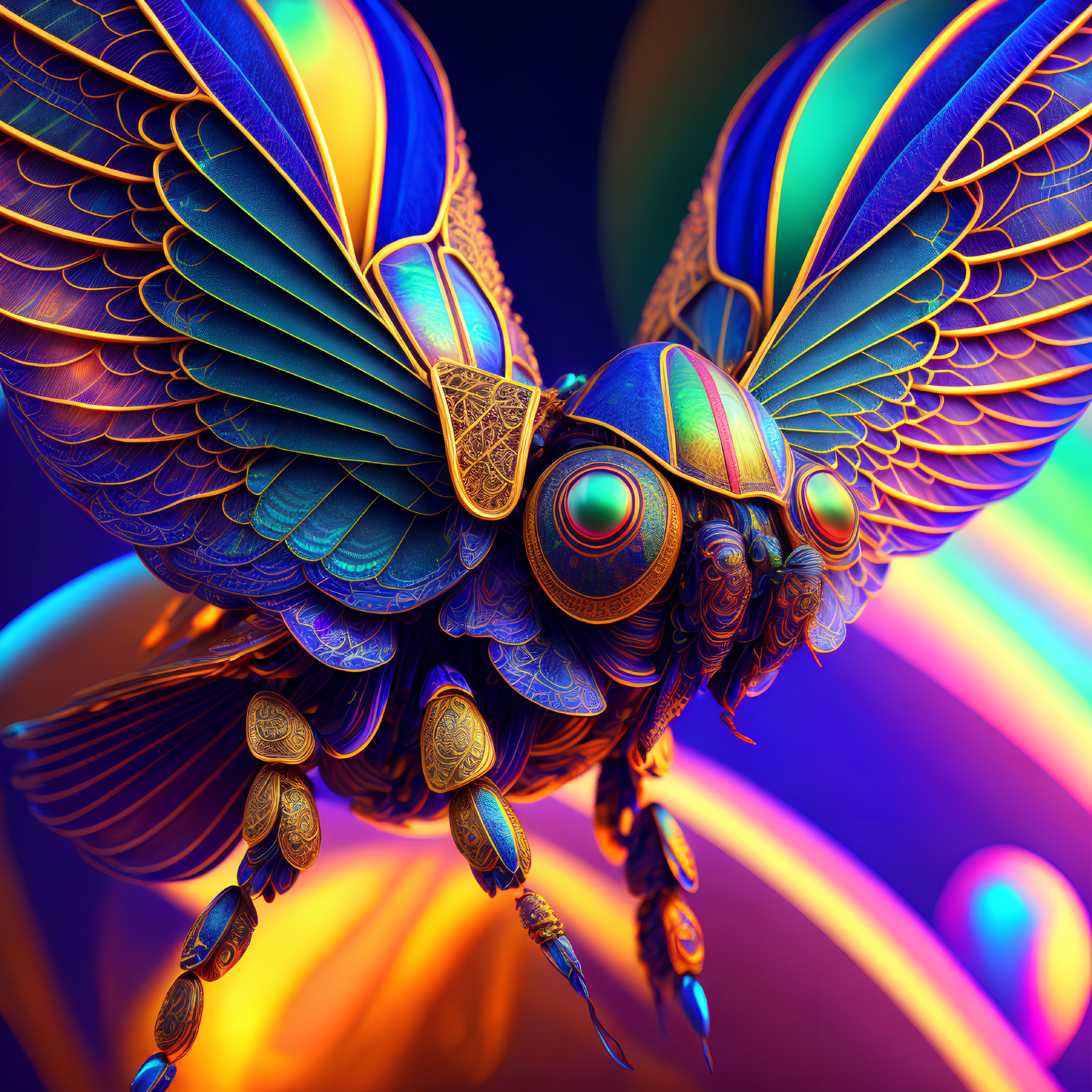 Colorful Digital Artwork: Mechanical Bird with Iridescent Wings