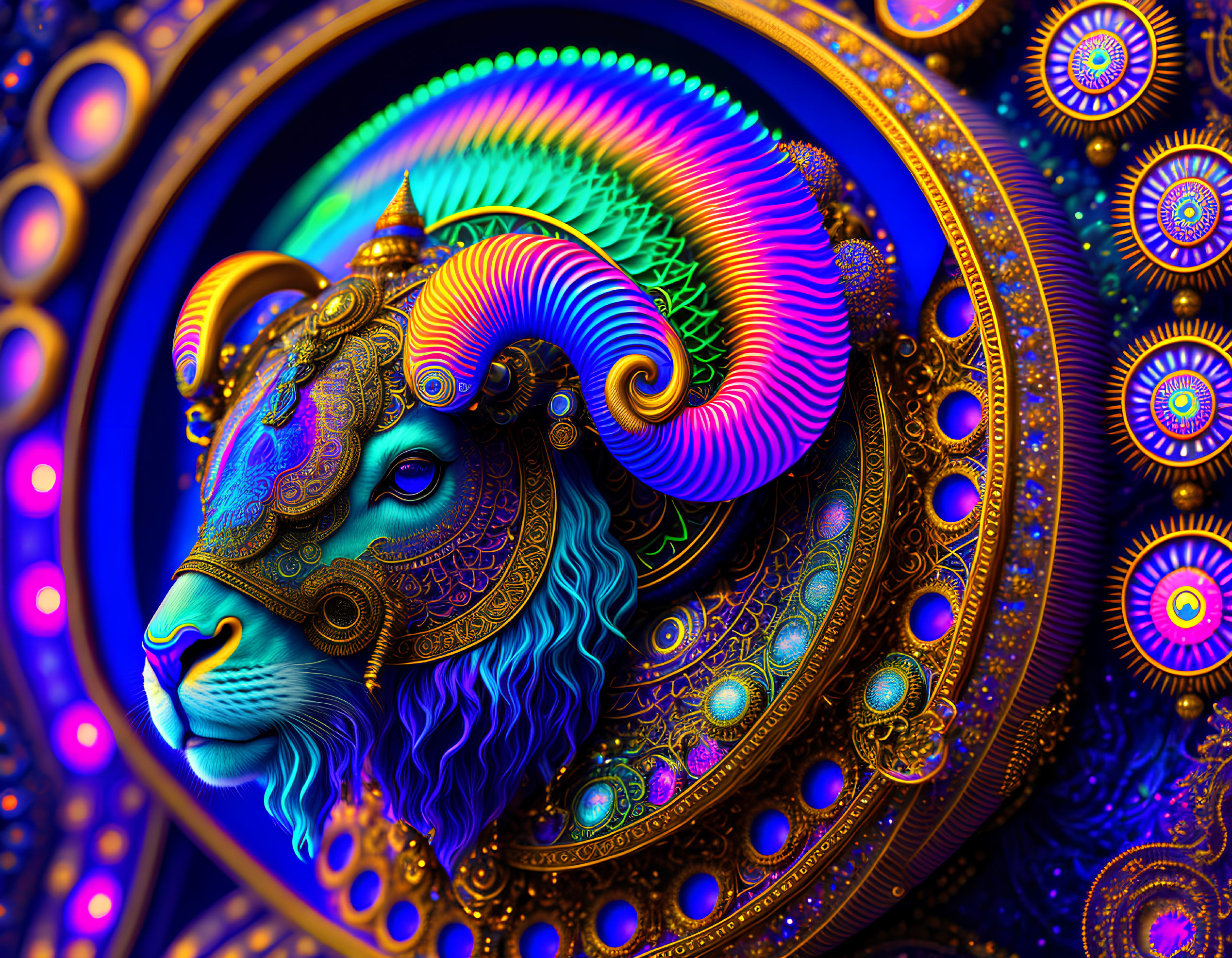 Colorful digital artwork: Blue and gold stylized ram on mandala background