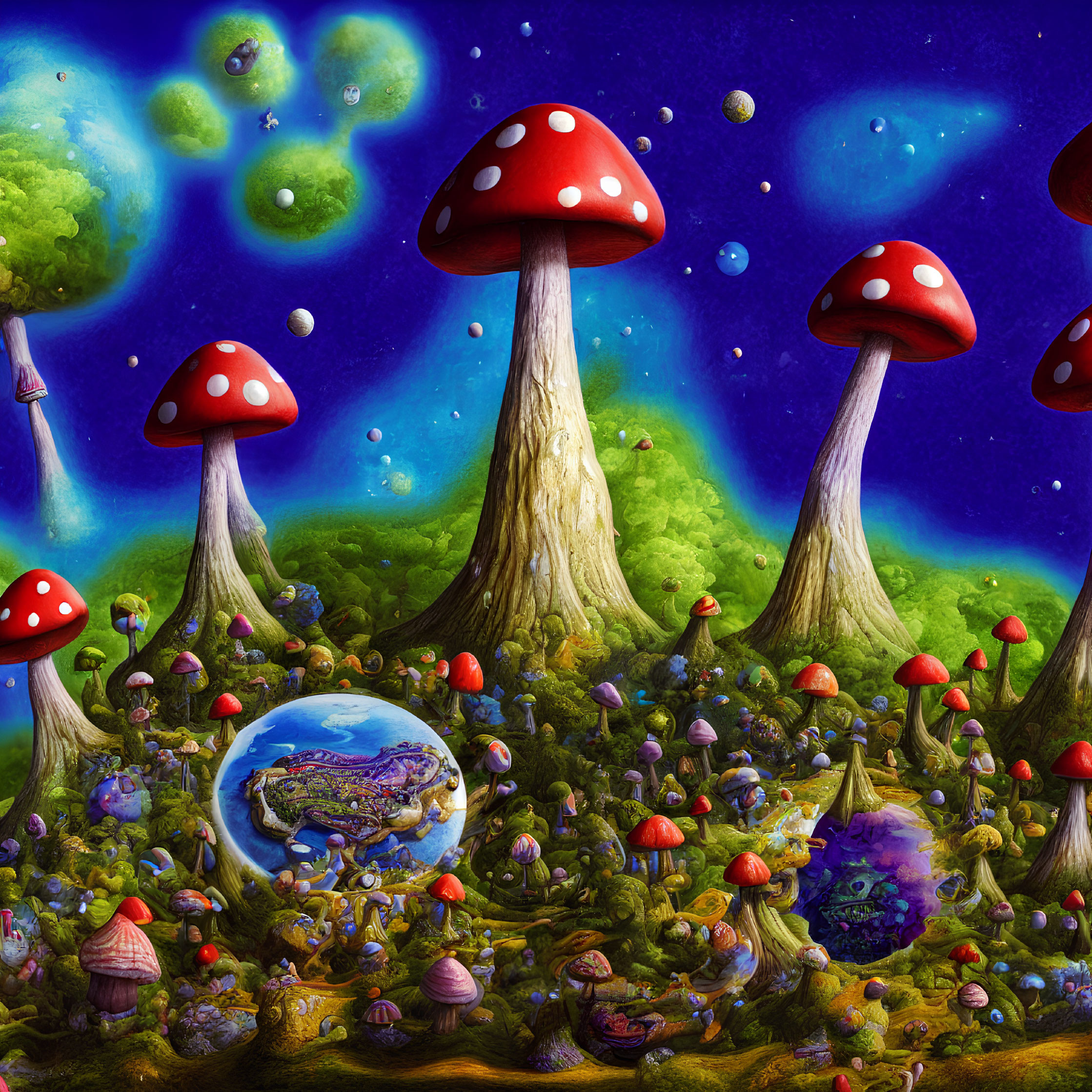 Colorful fantasy landscape with oversized mushrooms and lush greenery under a starry sky