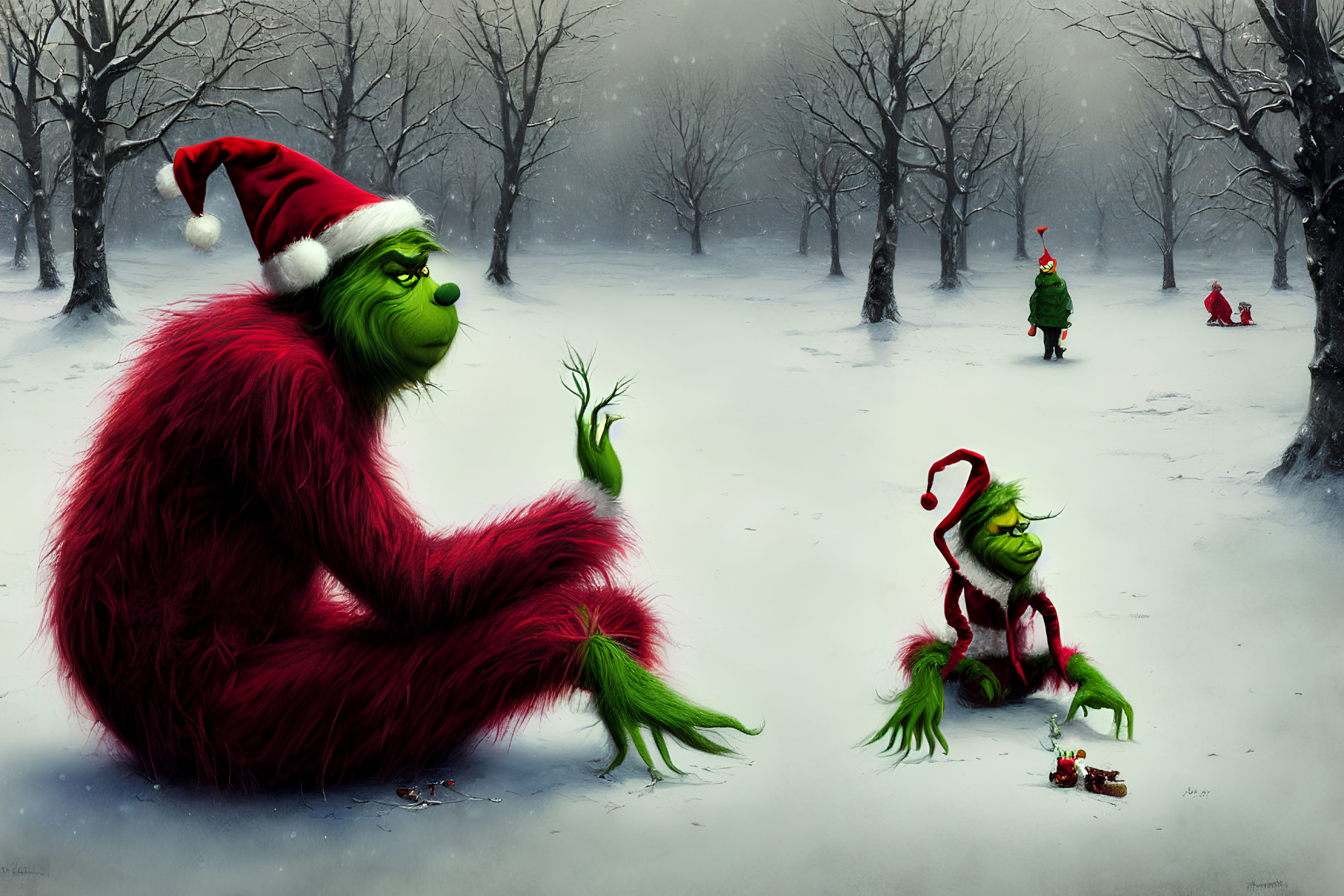 Whimsical snowy landscape with the Grinch and children playing