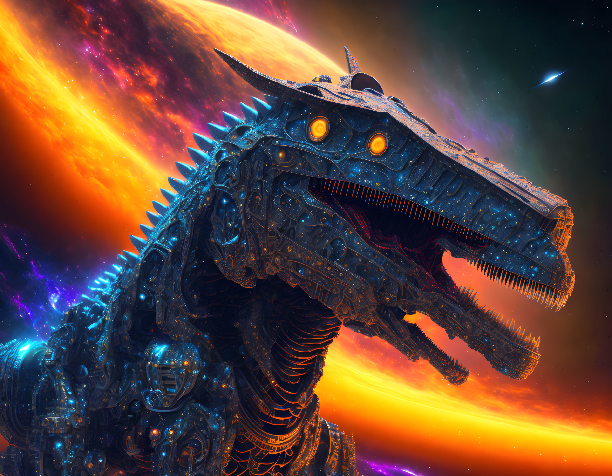 Detailed Mechanical Dinosaur with Glowing Eyes in Fiery Cosmic Background