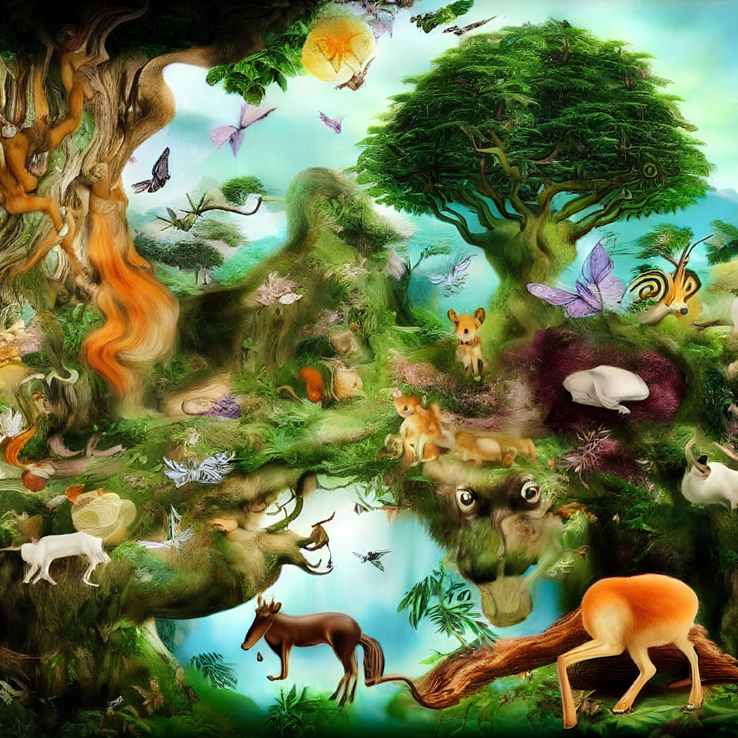 Colorful forest scene with animals, butterflies, and whimsical trees under sun