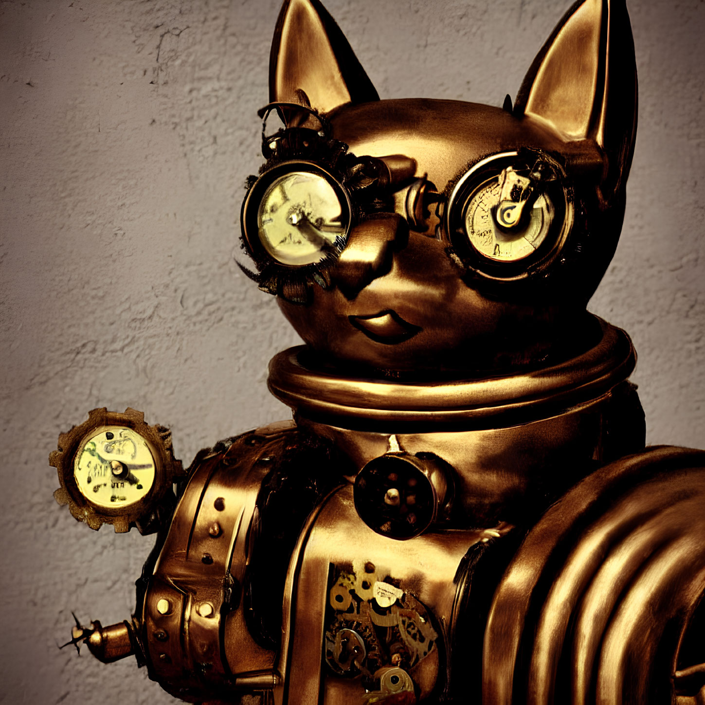 Bronze Steampunk Cat Sculpture with Goggles and Gear Details