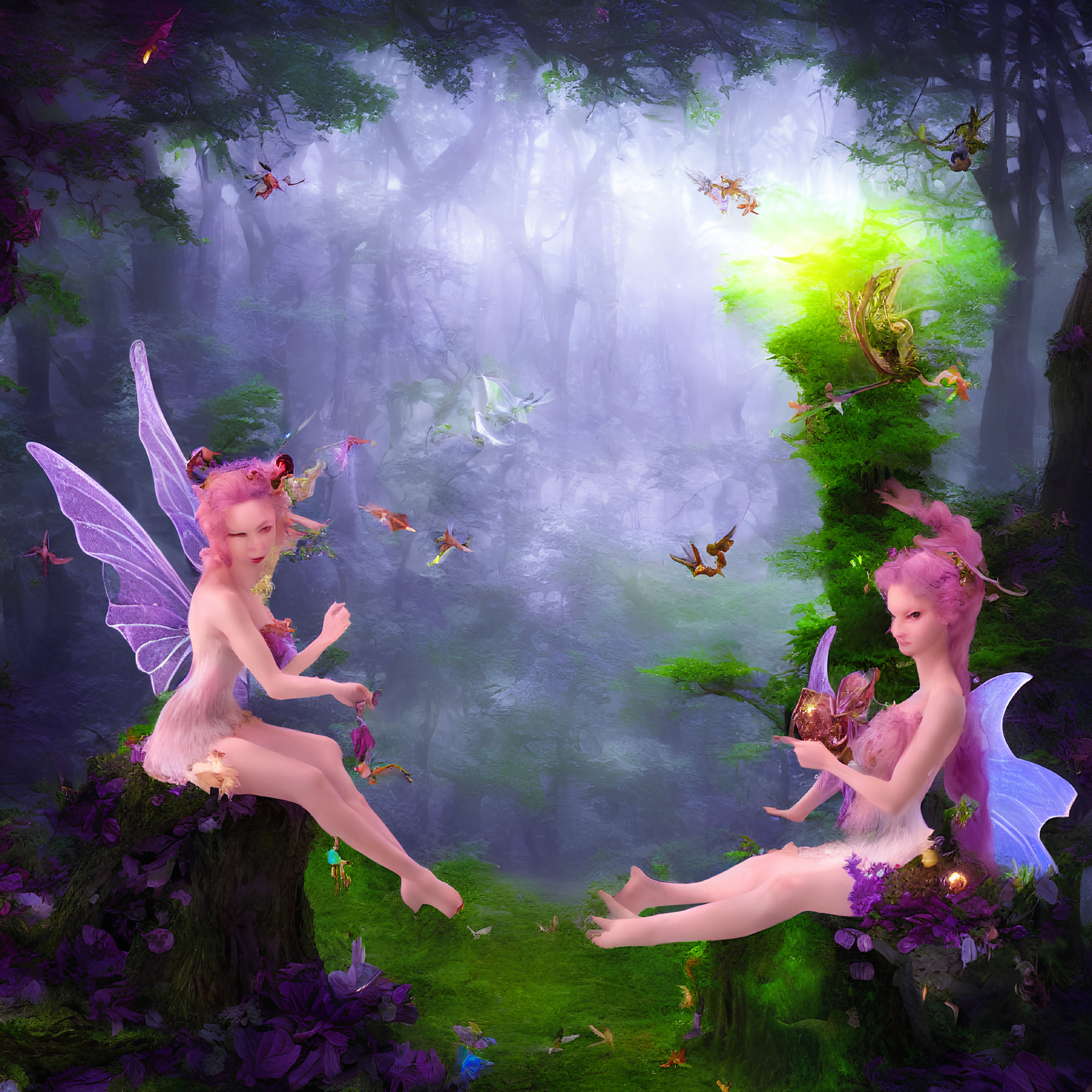 Ethereal fairies with translucent wings in misty forest with butterflies