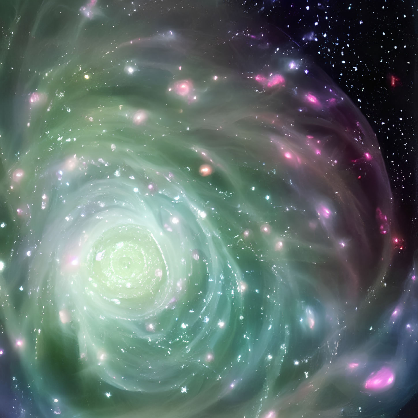 Luminous swirling galaxy with green and purple hues