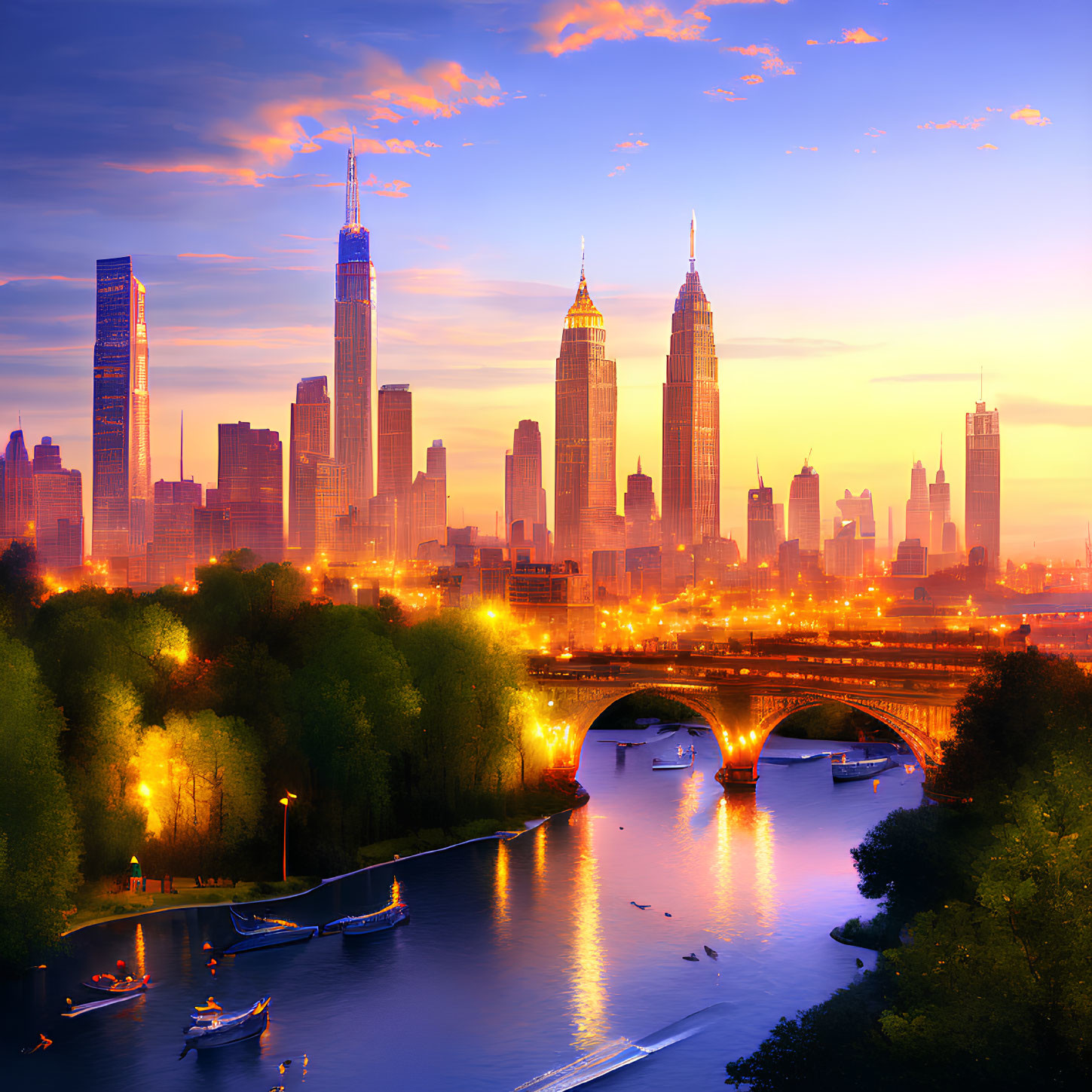 Colorful sunset cityscape with skyscrapers, bridge, boats, and lush greenery.