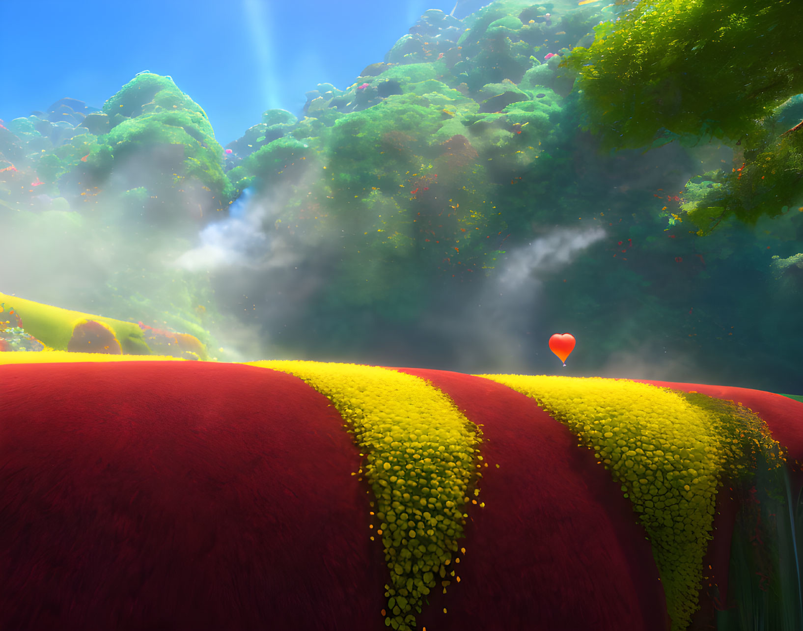 Colorful landscape with red hills, heart balloon, and misty sky