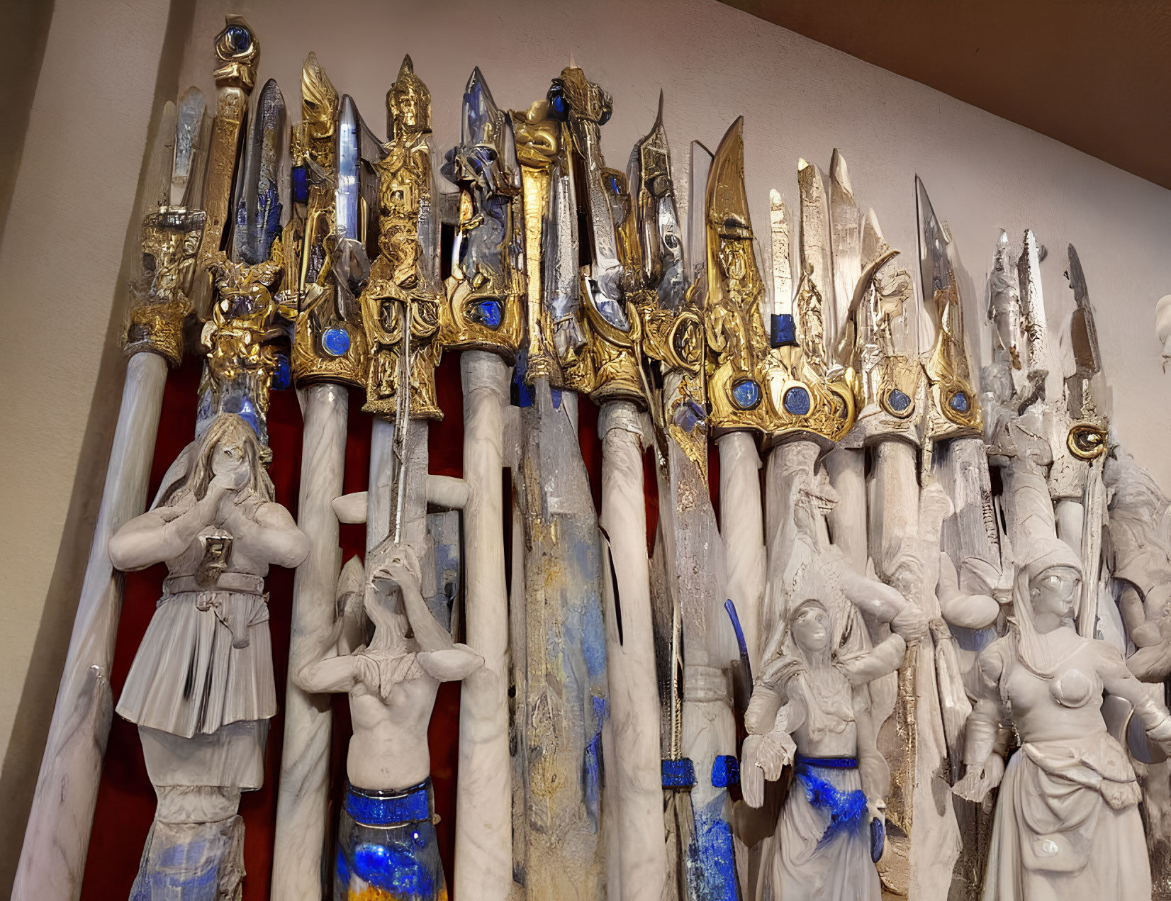 Ornate Fantasy Swords Displayed Above Robed Character Statues