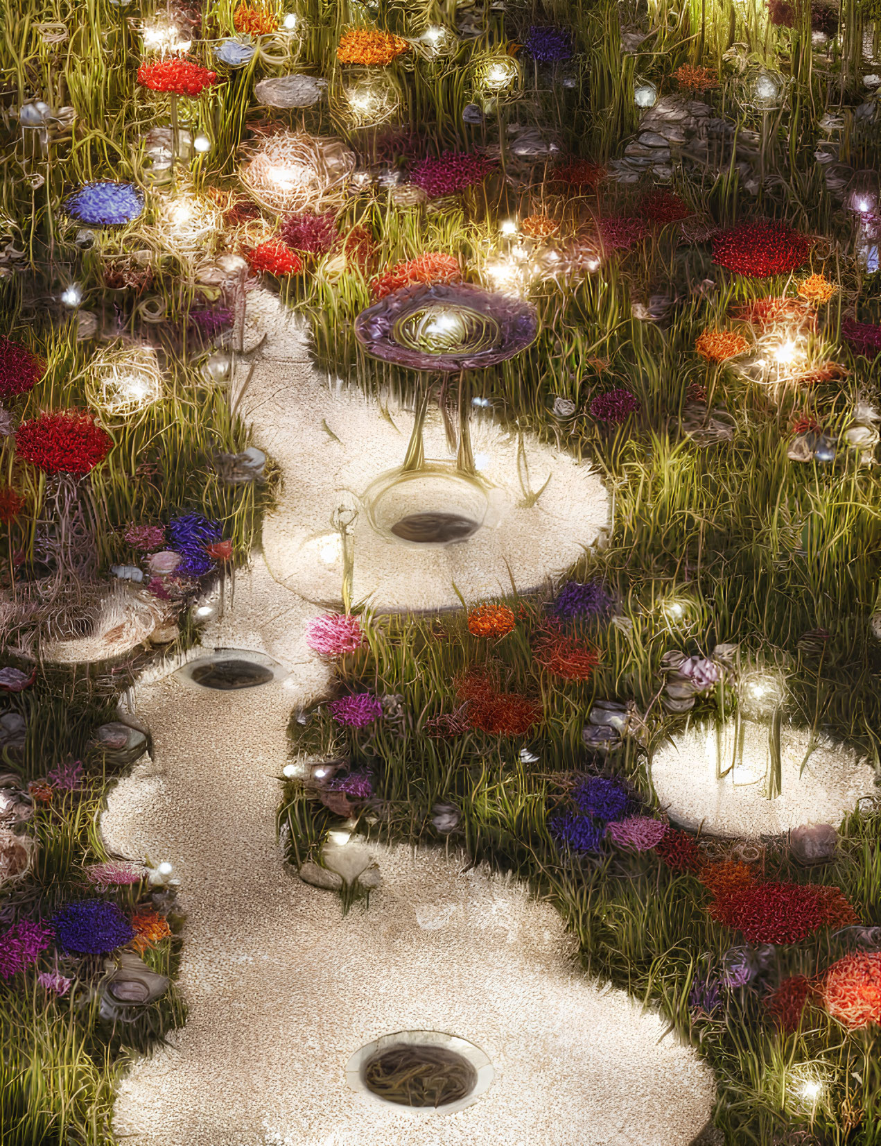 Enchanting garden pathway with glowing flowers and whimsical lanterns