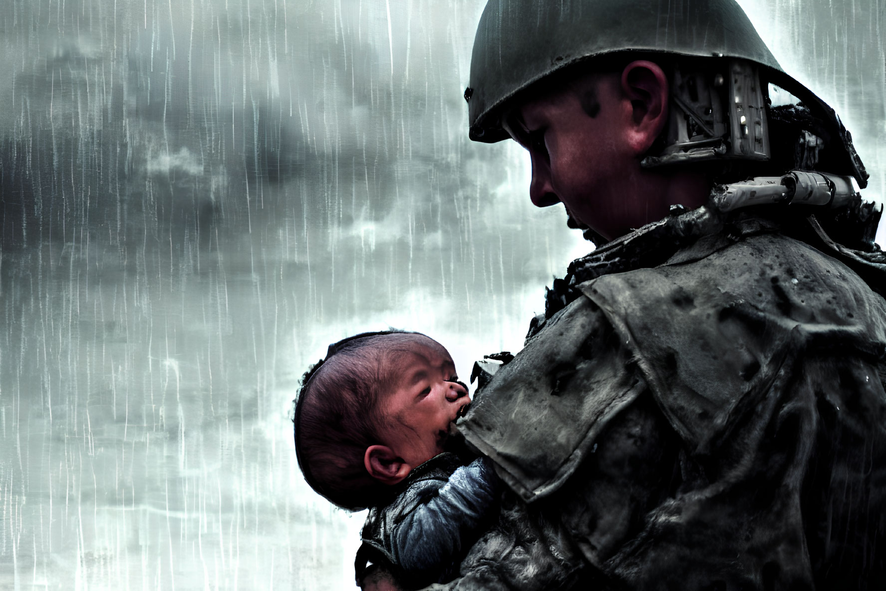 Soldier in combat gear holding a newborn baby under stormy sky