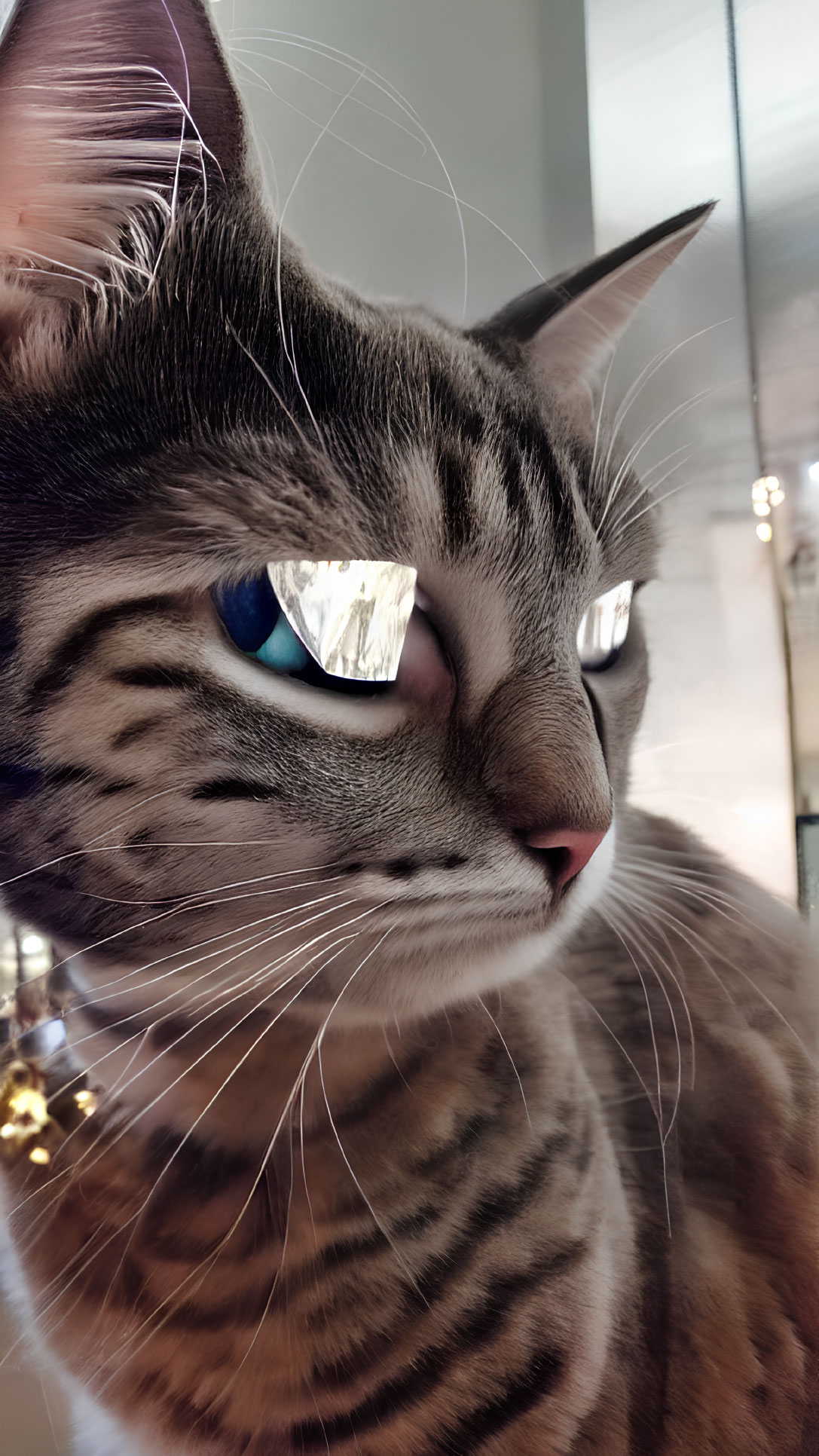 Blue-eyed cat with striped fur in room with reflections