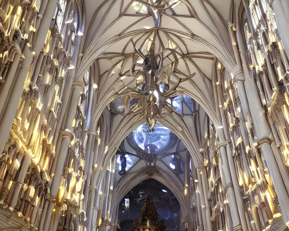 Opulent Gothic interior with vaulted ceilings and central figure