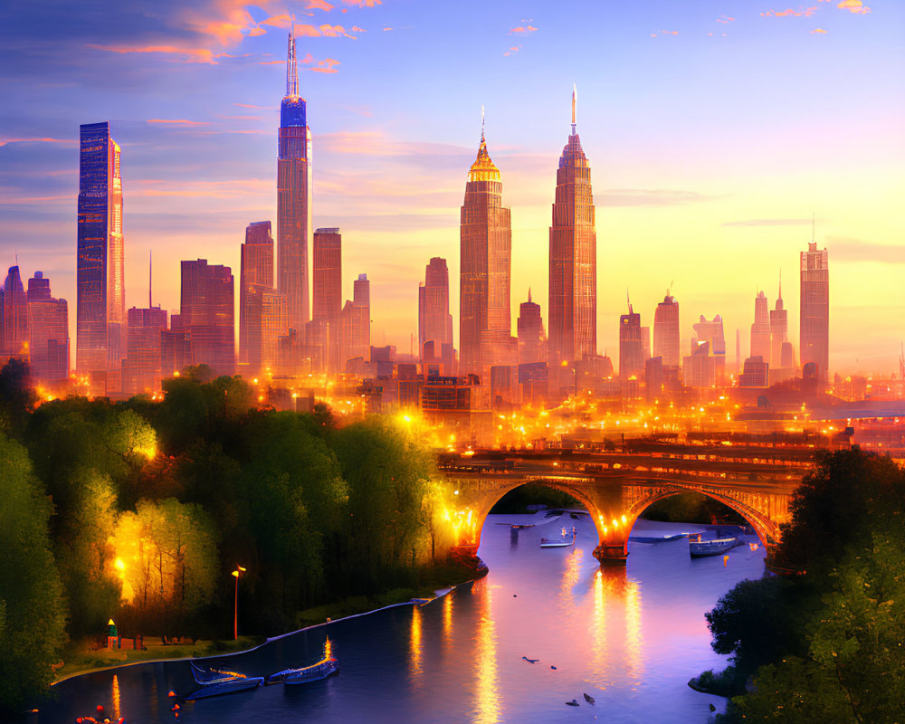 Colorful sunset cityscape with skyscrapers, bridge, boats, and lush greenery.