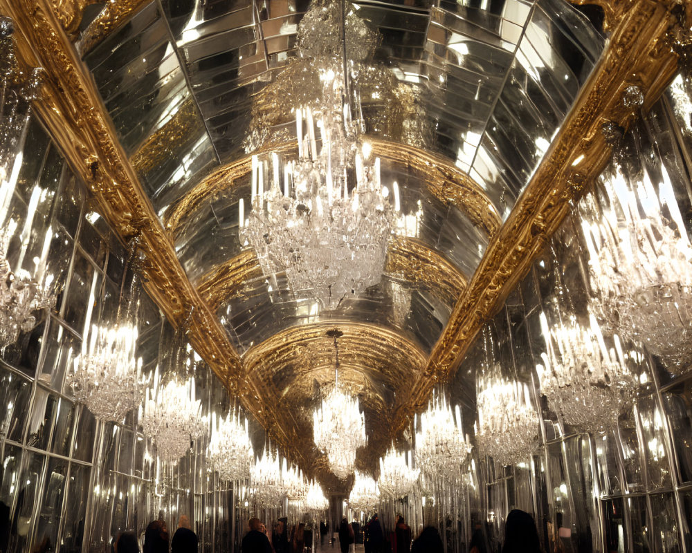 Luxurious Hall with Mirrored Walls and Crystal Chandeliers