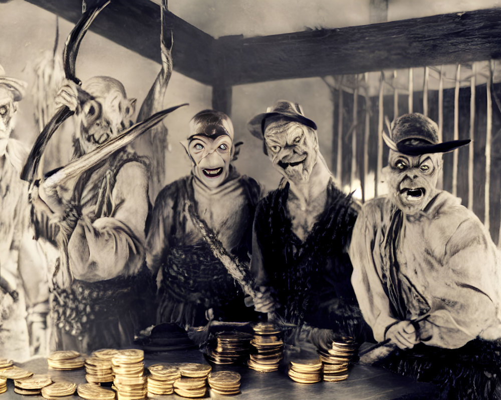 Monochrome image: Four figures in goblin attire with expressive faces by gold coins