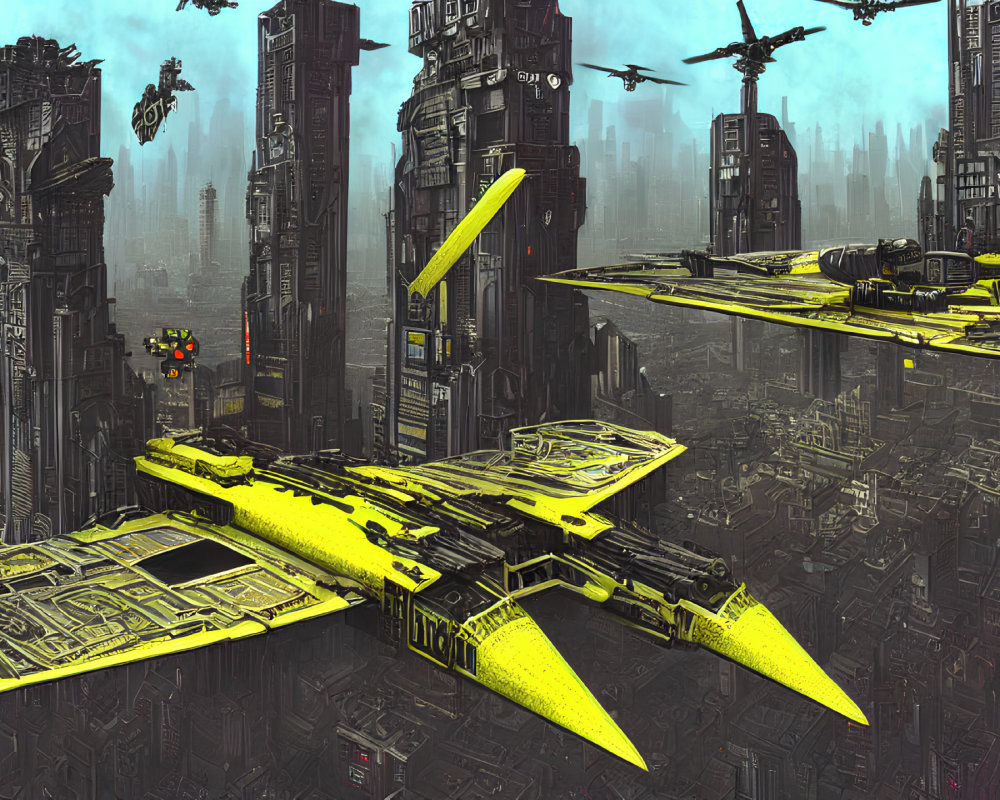 Futuristic cityscape with skyscrapers, flying vehicles, yellow platforms, and hazy background