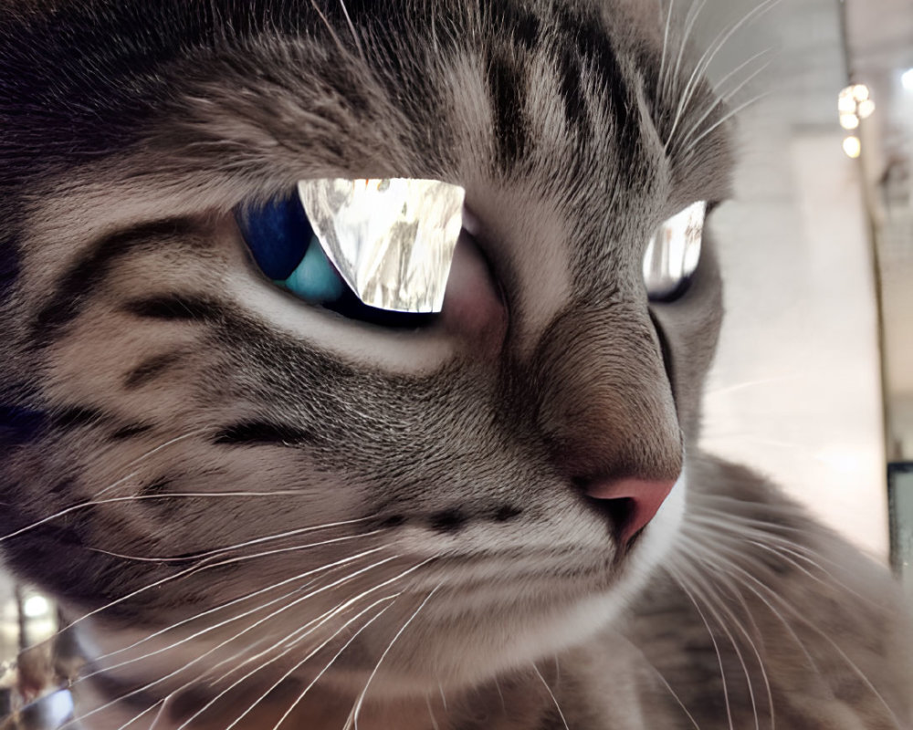 Blue-eyed cat with striped fur in room with reflections