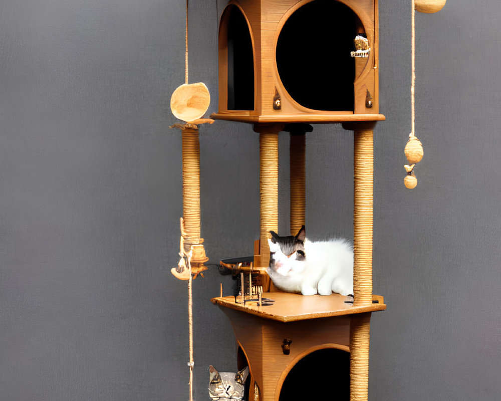 Wooden Cat Tree with Perches, Hideaways, and Hanging Toys Featuring Three Cats on Gray Background