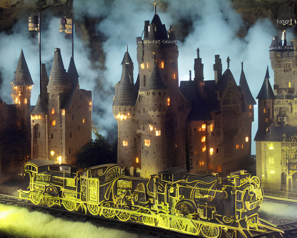 Intricate illuminated train passes misty magical castles at night