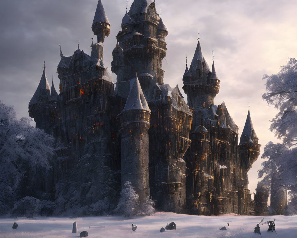 Majestic fantasy castle in snowy landscape with horseback riders and wolf