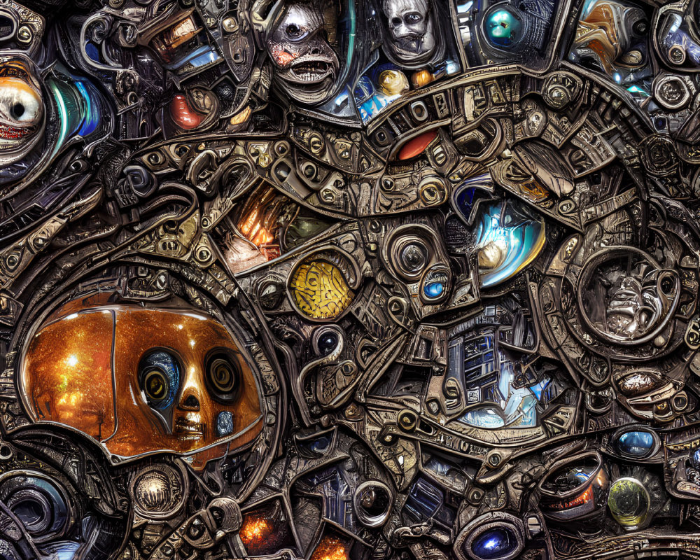 Intricate surreal collage with faces, eyes, gears, and technology