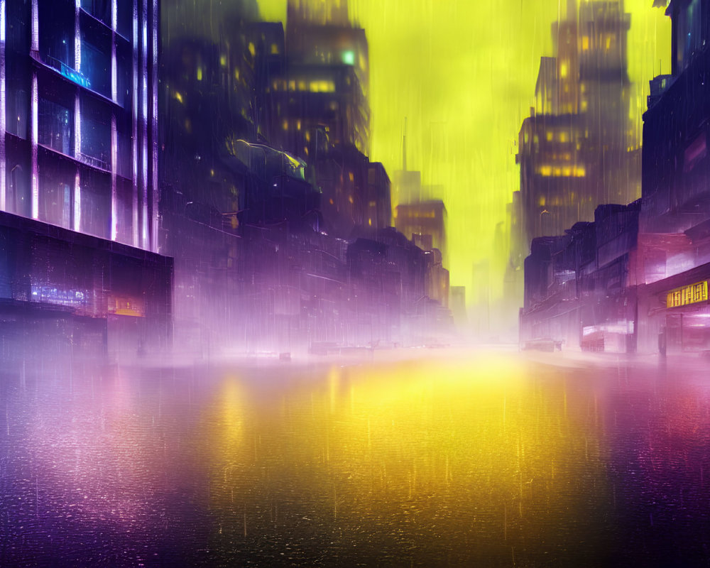 Neon-lit cyberpunk cityscape in heavy rain at night