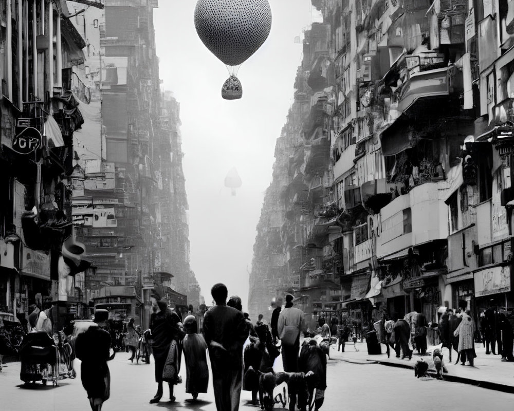 Monochrome cityscape with people, dogs, and floating sphere