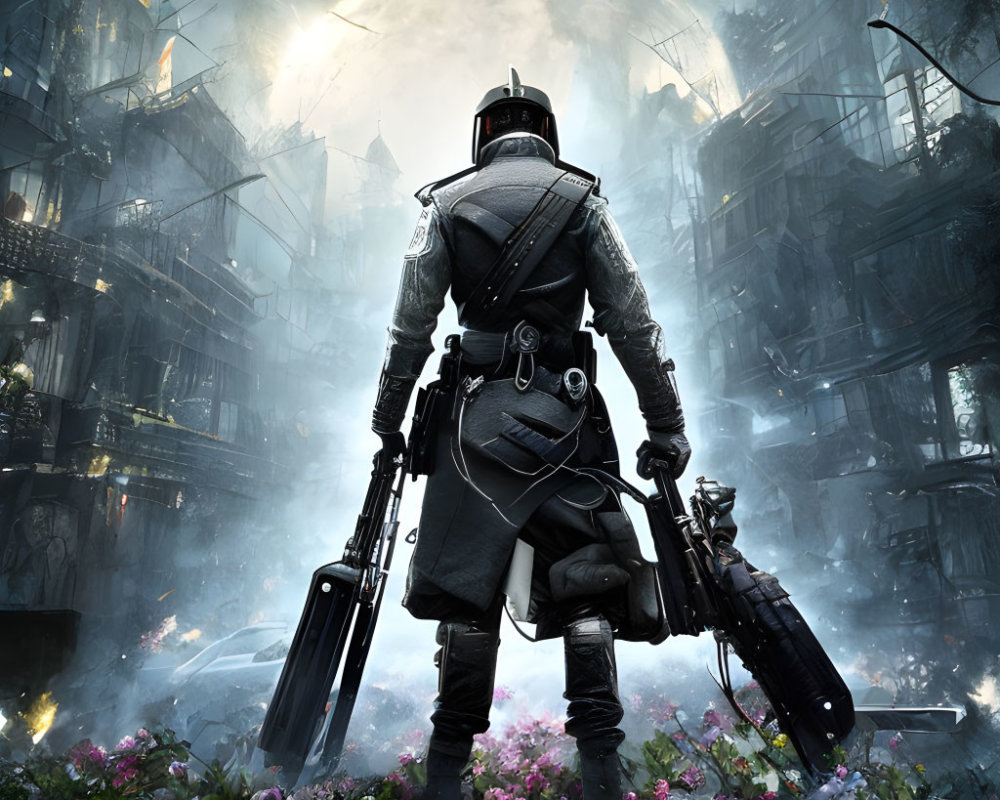 Futuristic figure in suit with weapons among ruins and flowers under large moon