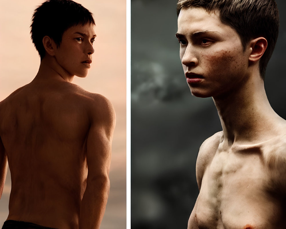 Two shirtless young men in contrasting backgrounds: one with warm sunset, the other with stormy clouds