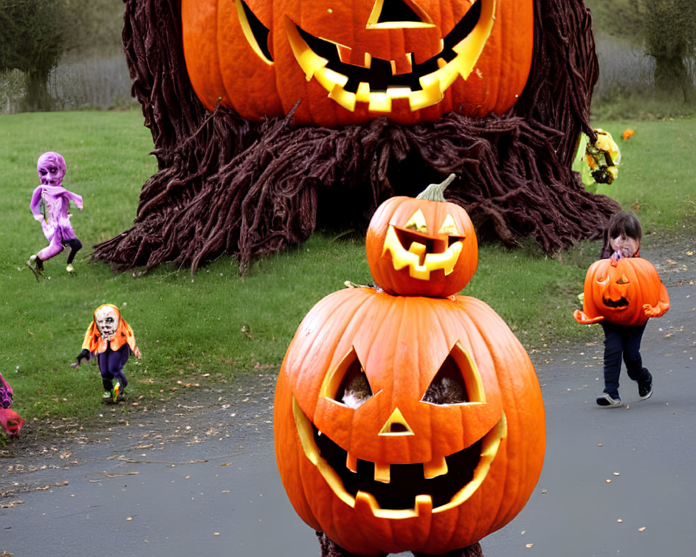 Kids in Halloween costumes with large pumpkin decorations