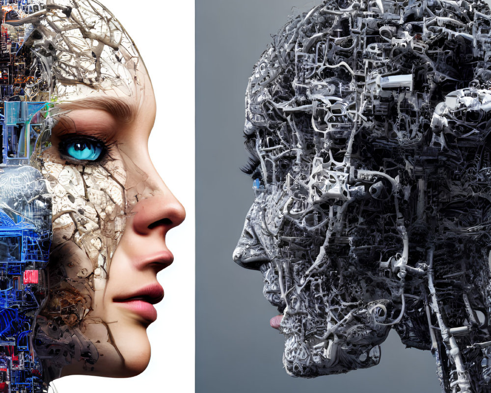 Contrasting profile views: human face vs. mechanical face