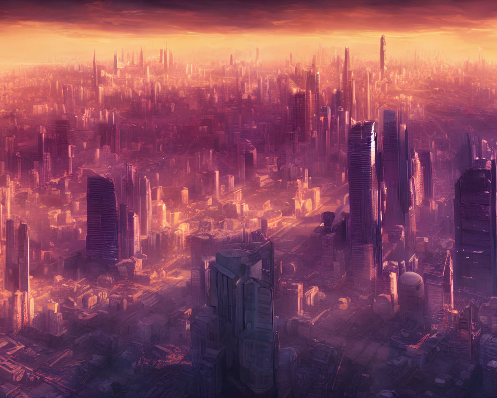 Futuristic cityscape with towering skyscrapers at sunset