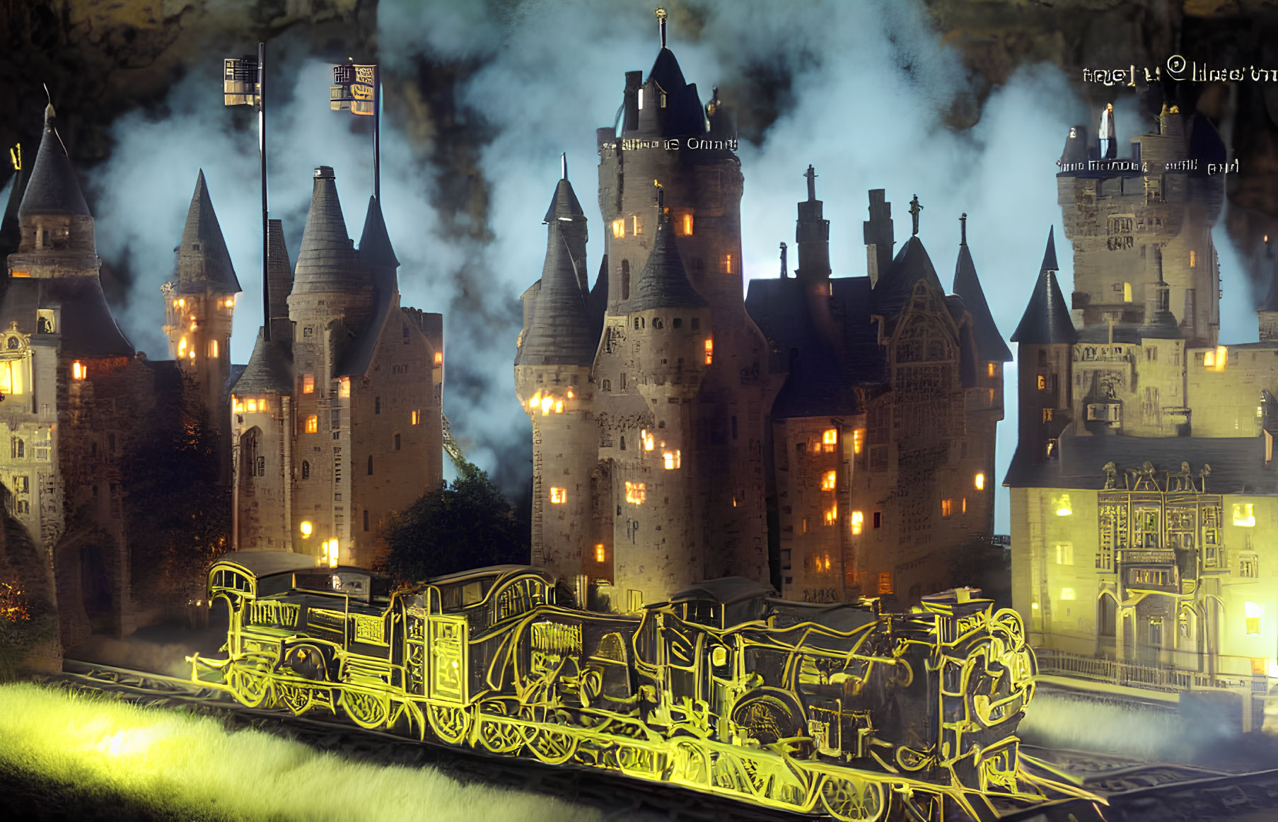 Intricate illuminated train passes misty magical castles at night