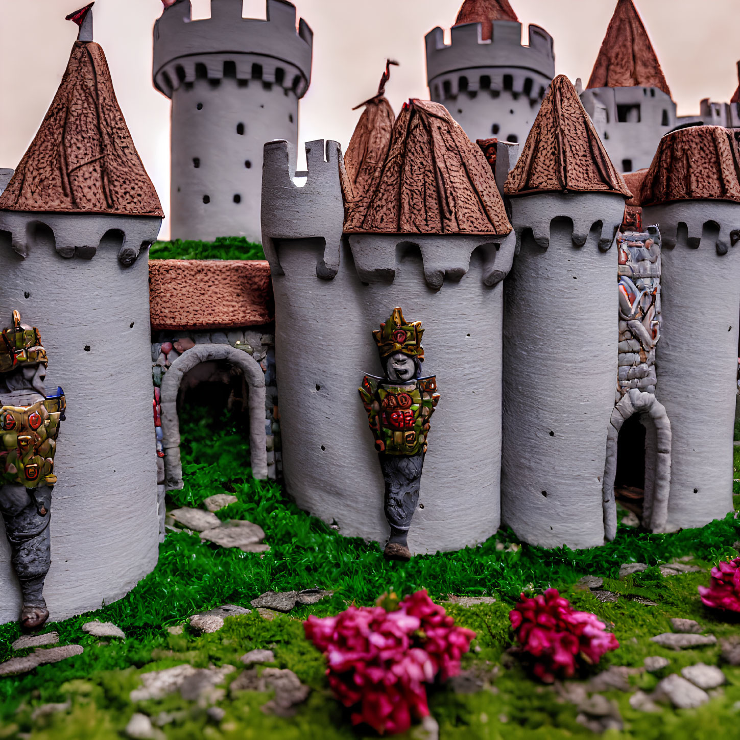 Detailed miniature castle with turrets, knights, and textured walls against cloudy sky and vibrant flowers.