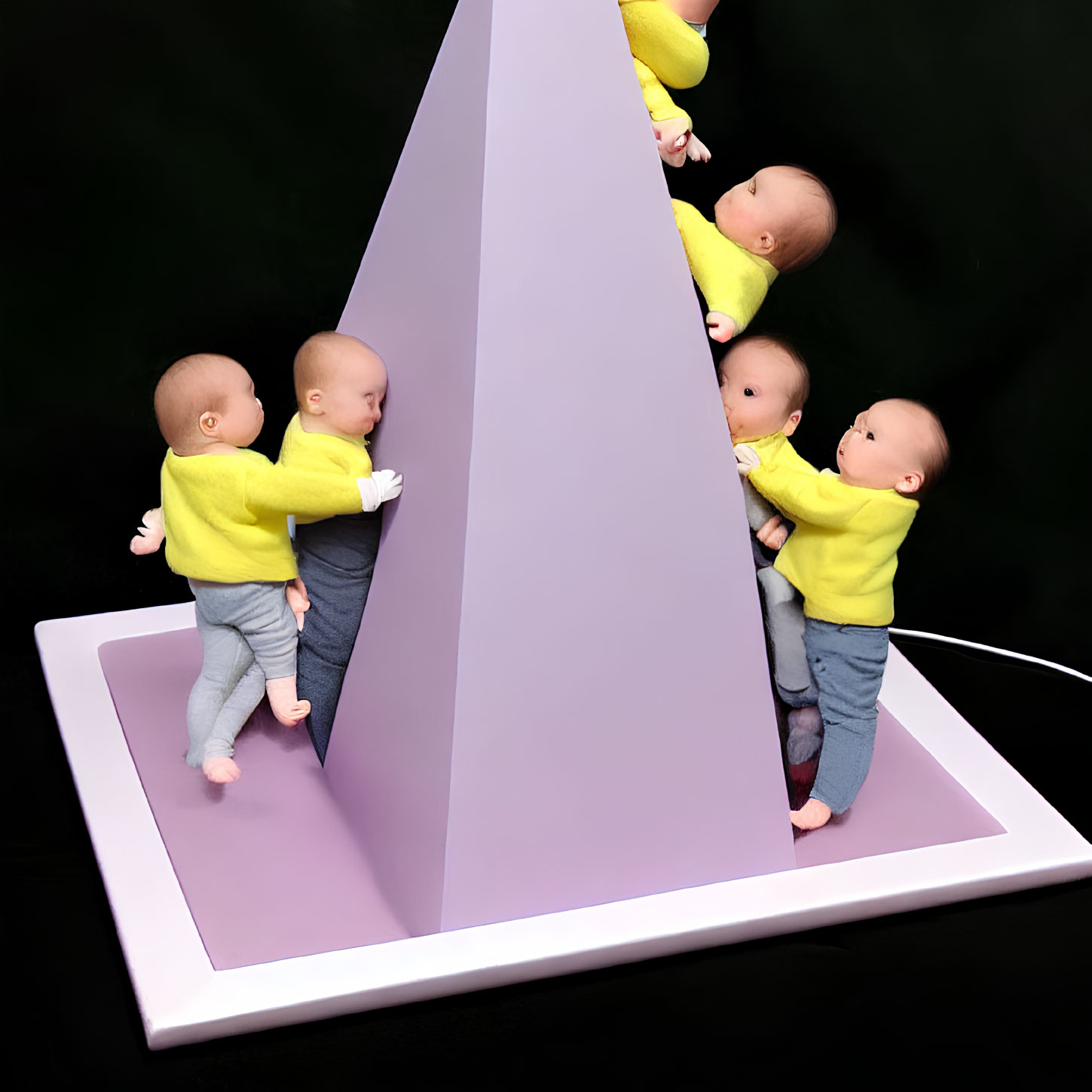 Four baby doll figures in yellow tops and grey bottoms hugging pyramid-shaped object on white platform against black