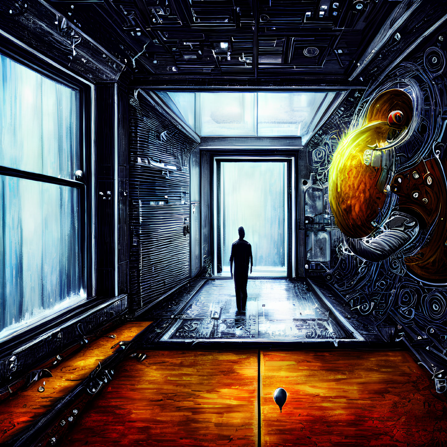 Futuristic corridor with metallic door, glowing sphere, and icy blue walls