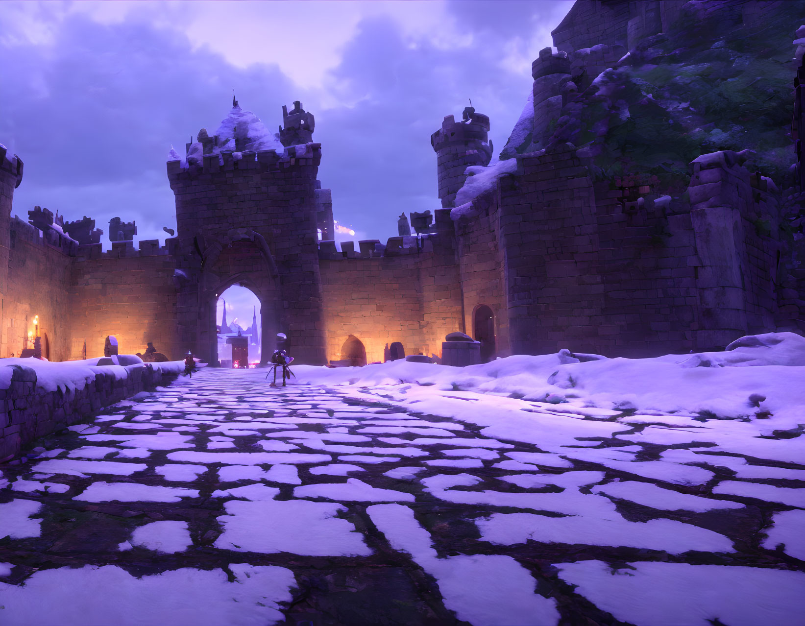 Snowy Medieval Castle with Knight at Twilight in Dusky Purple Sky