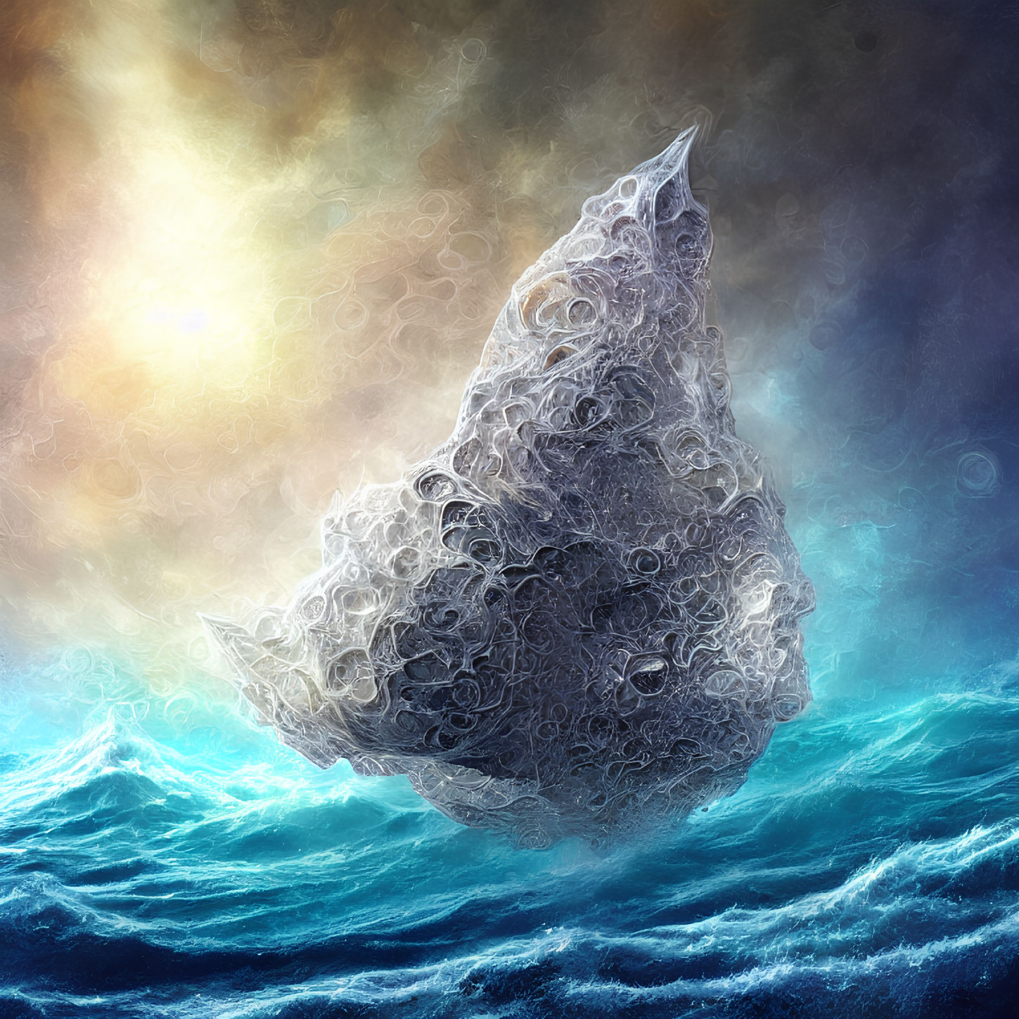 Intricate surreal iceberg above tumultuous ocean under dramatic sky