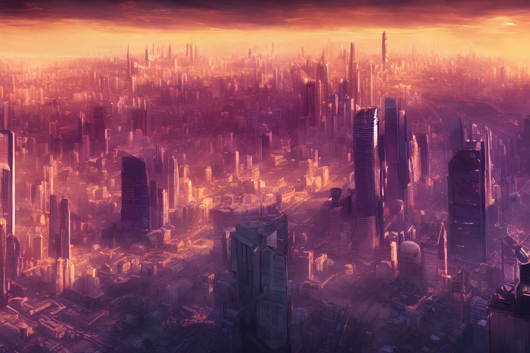 Futuristic cityscape with towering skyscrapers at sunset