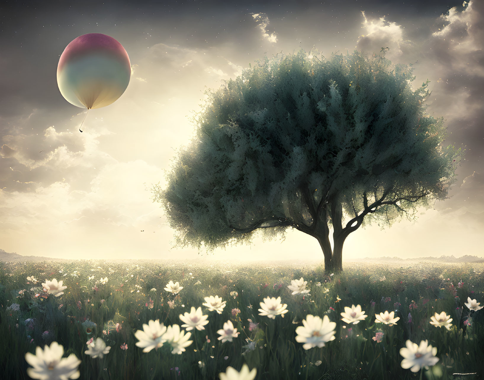 Tranquil landscape with tree, flowers, and hot air balloon