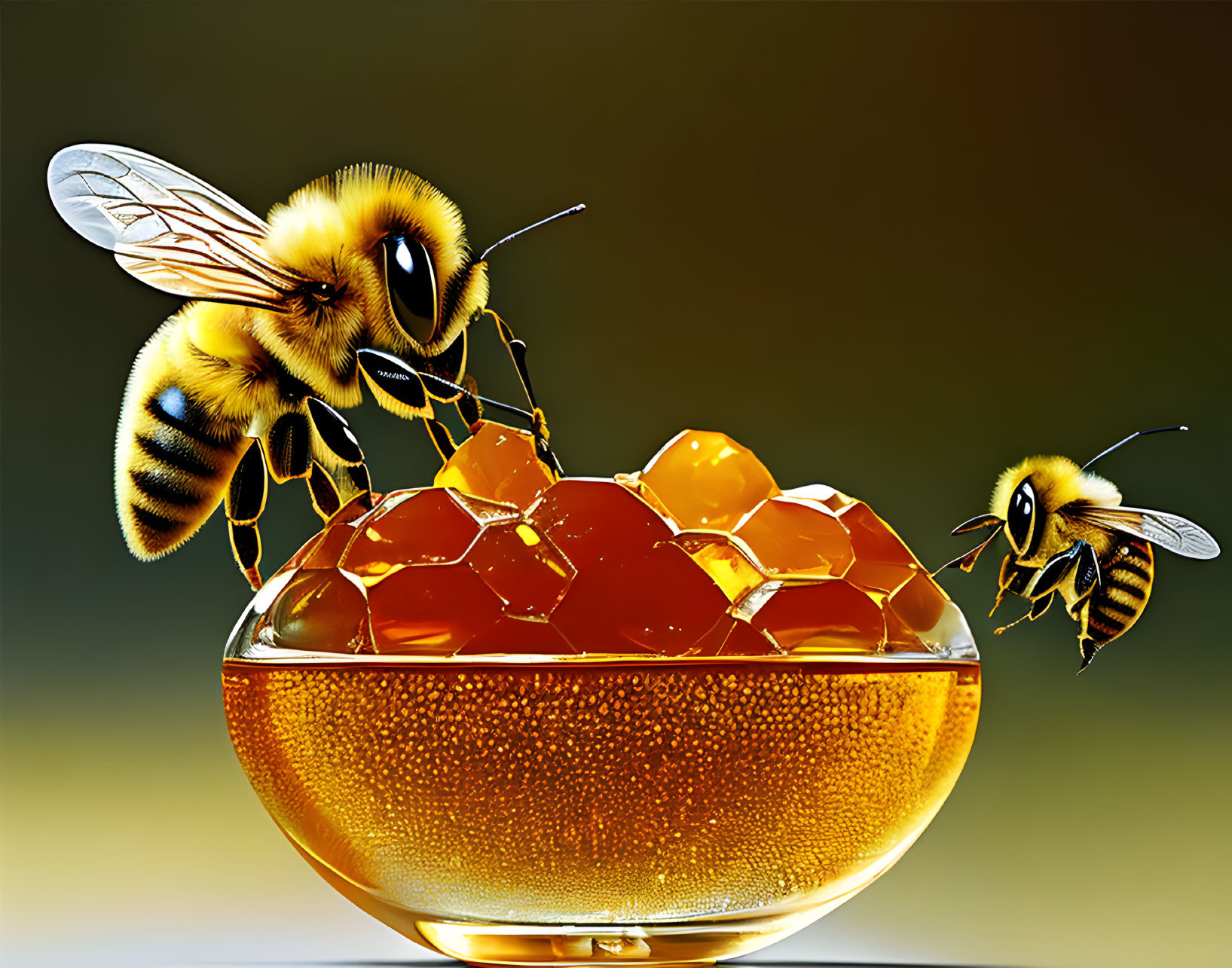 Bees flying around amber honeycomb on gradient background