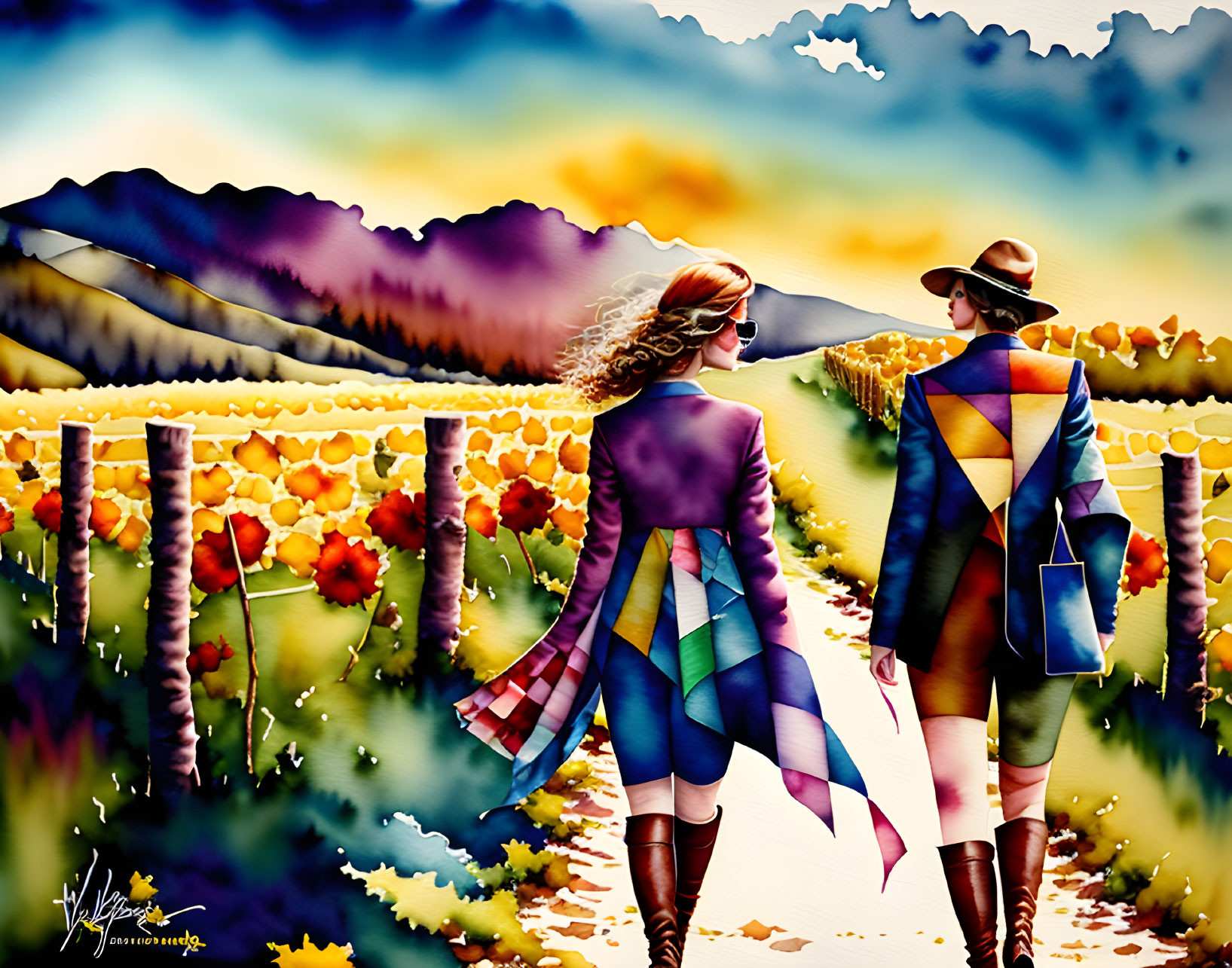 Colorful figures walking towards vibrant landscape with mountains, fence, and flowers.