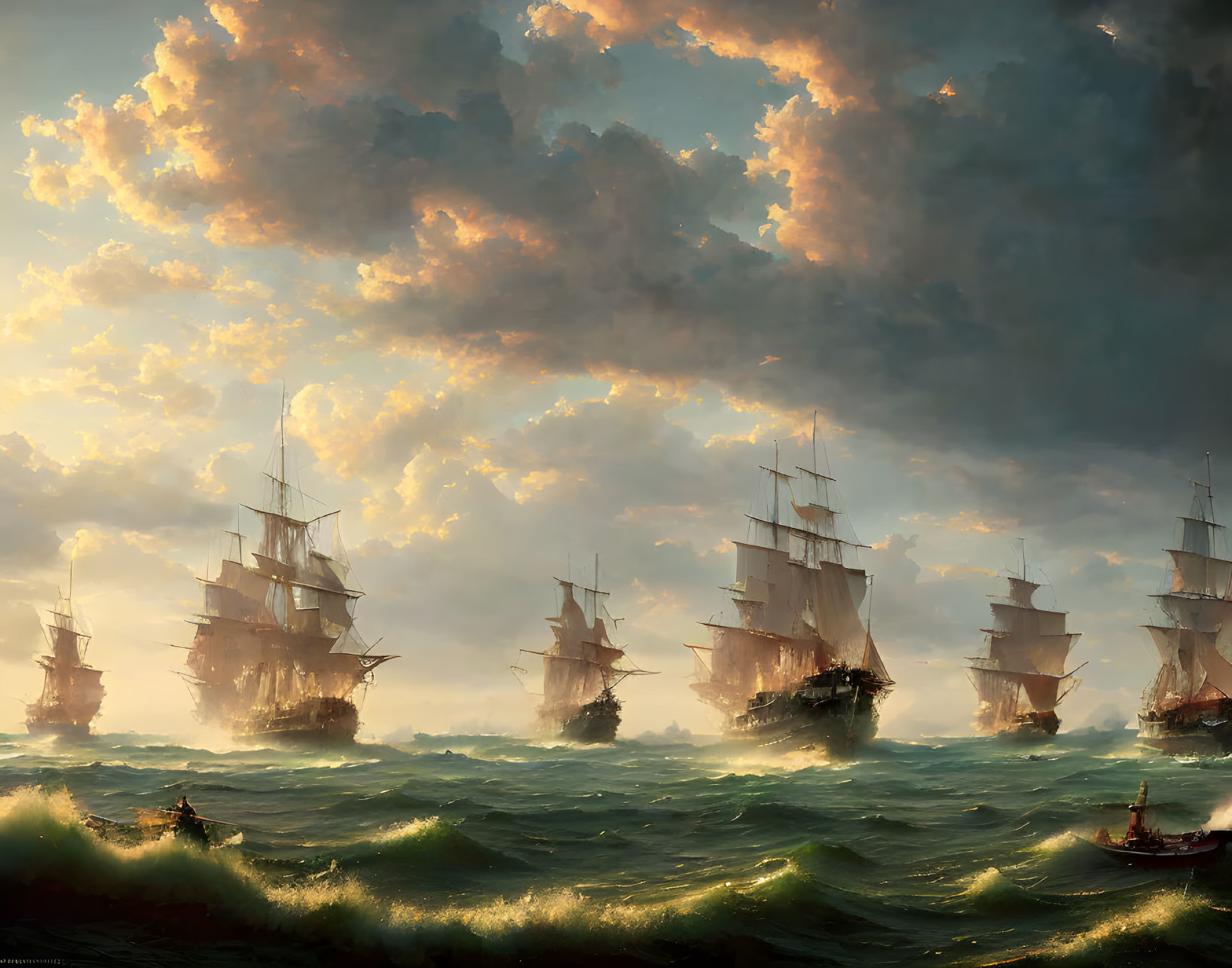 Tall Ships Sailing on Turbulent Seas at Sunset