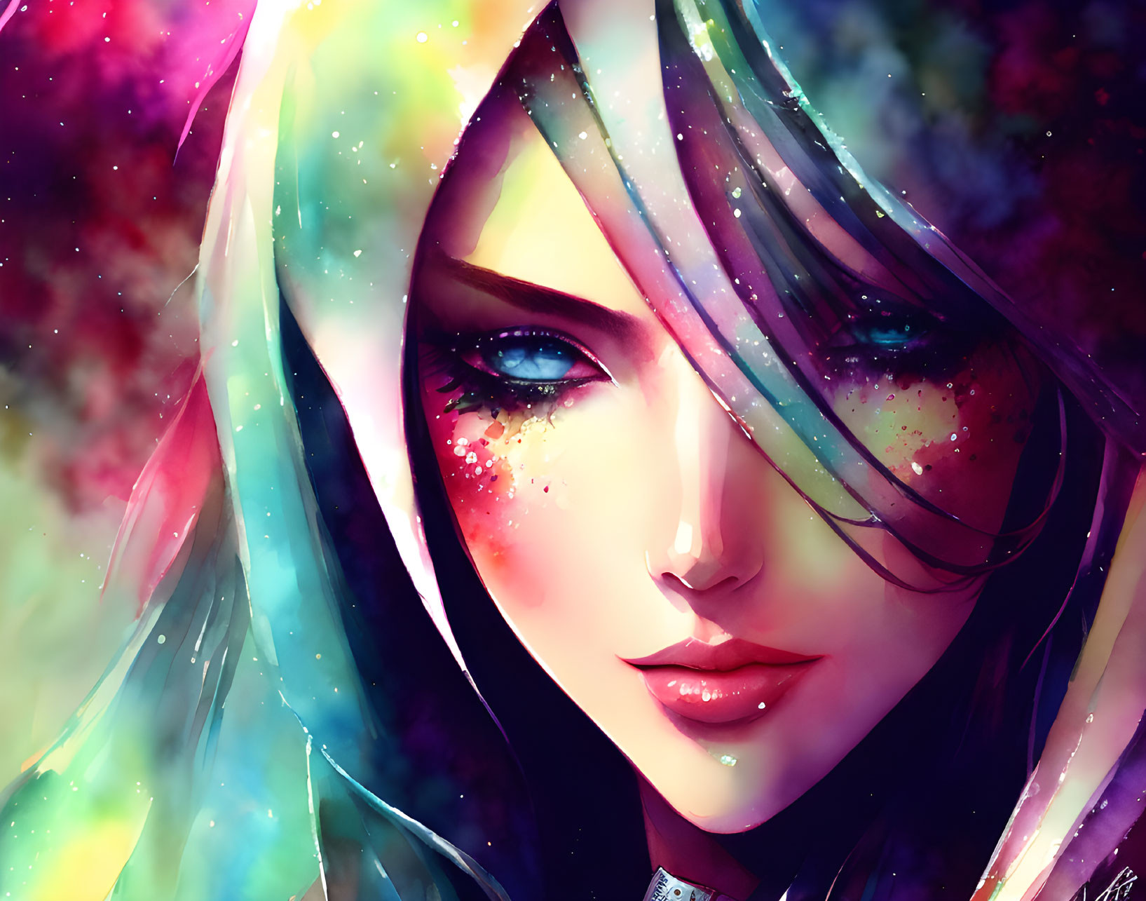 Colorful digital artwork: Woman with cosmic hair and blue eyes in nebula-like setting