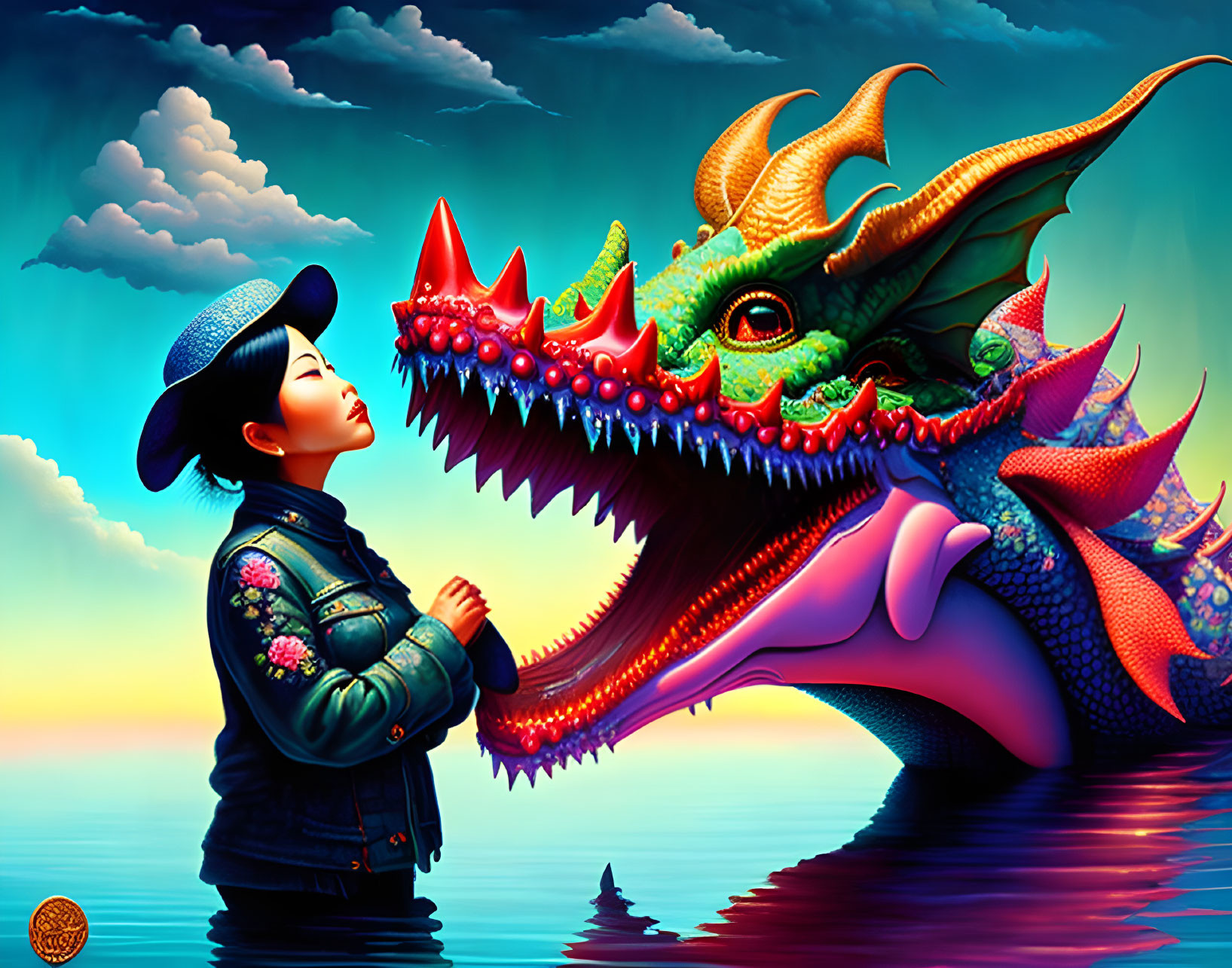 Person in jacket and hat next to vibrant dragon in sunset sky and calm sea