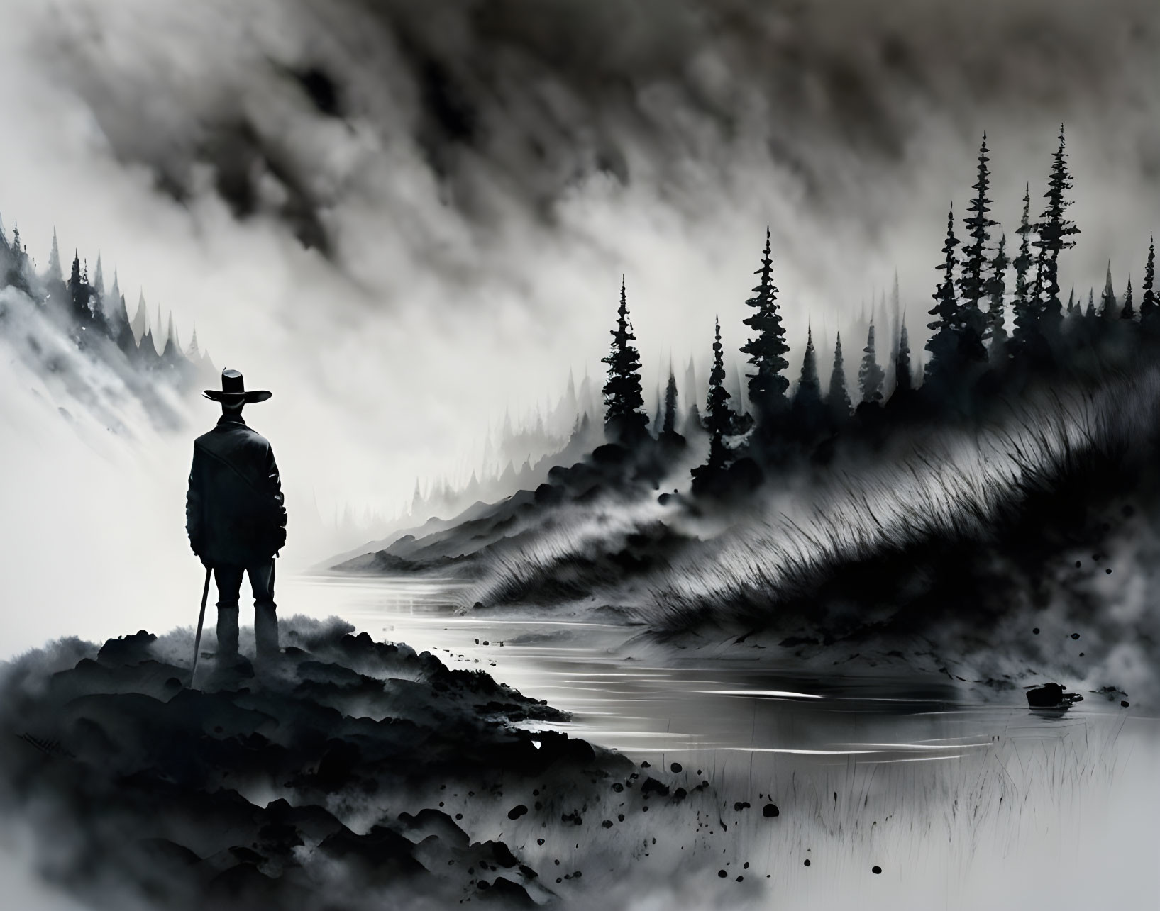 Solitary figure in hat by misty lake with walking stick, pine trees, hills, overcast