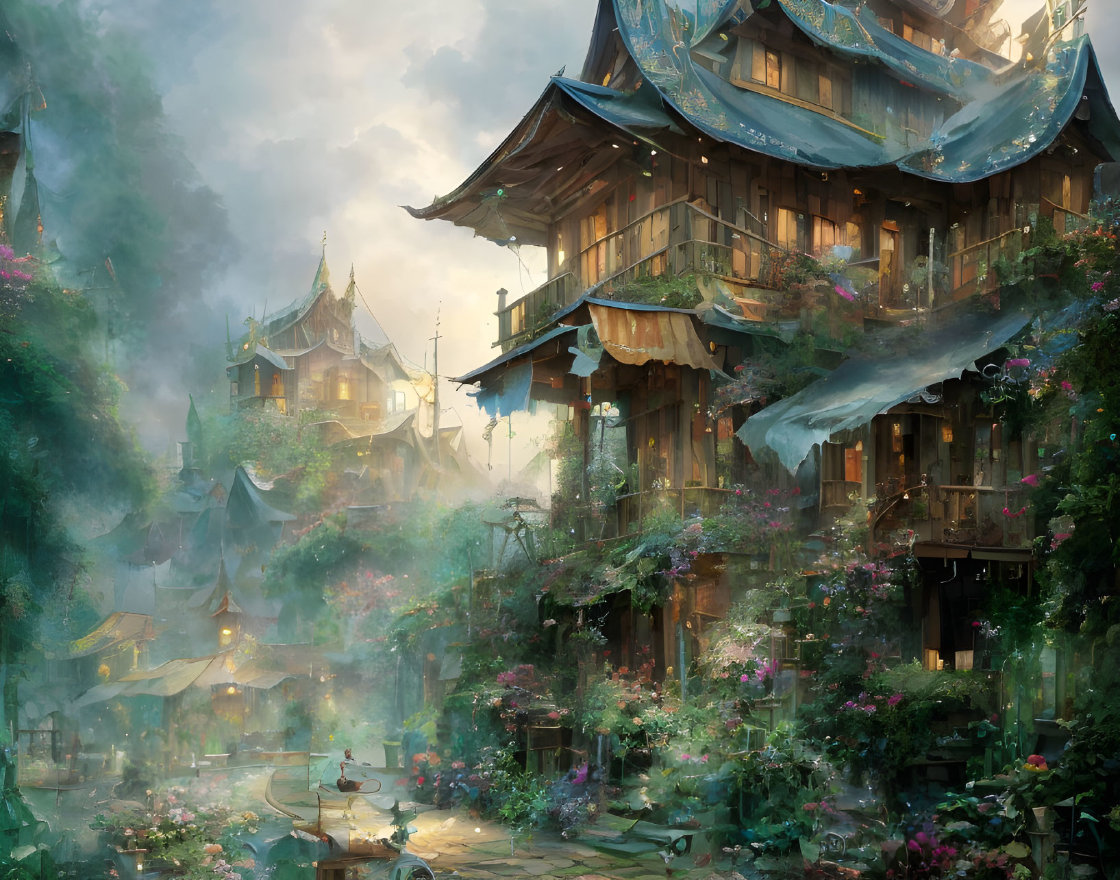 Tranquil fantasy village with wooden houses and lush greenery