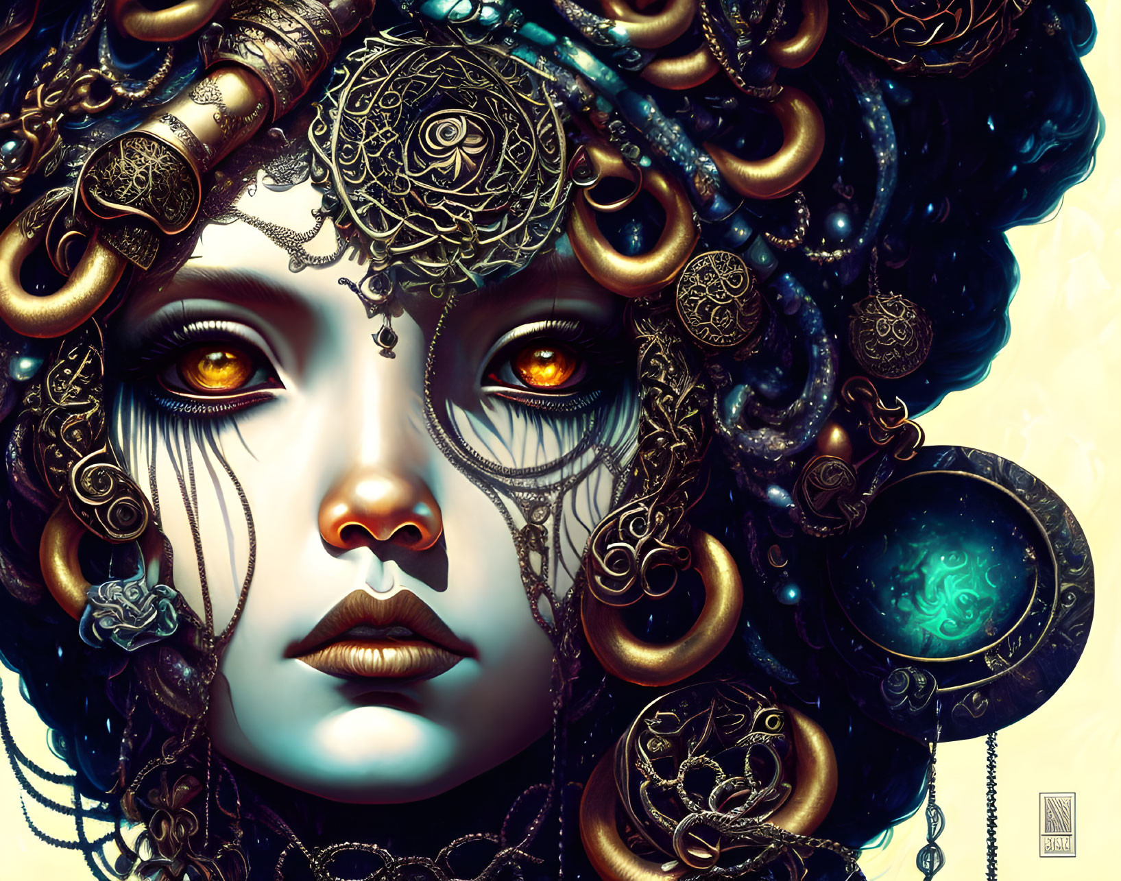 Fantasy illustration: Woman with golden headdress, glowing eyes, celestial motifs.