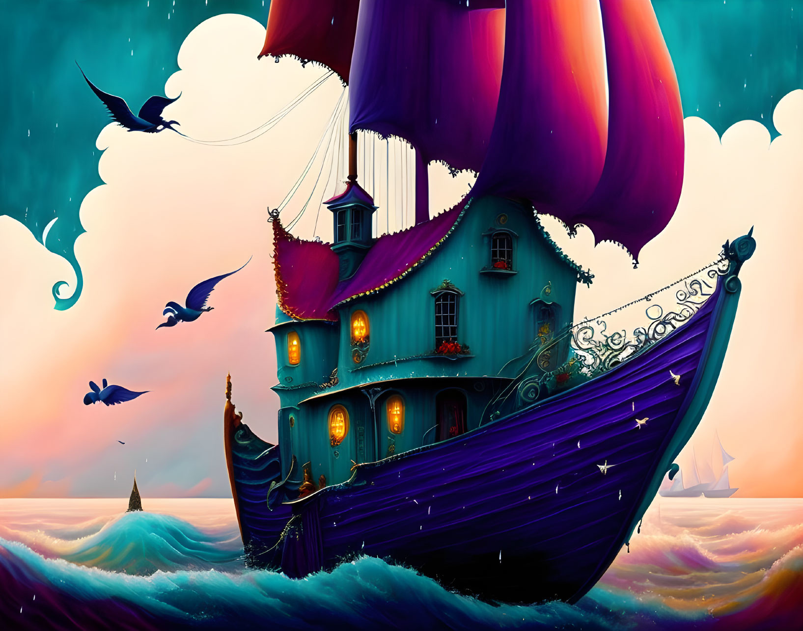 Fantasy illustration of ship with house-like structure and purple sails on whimsical ocean.